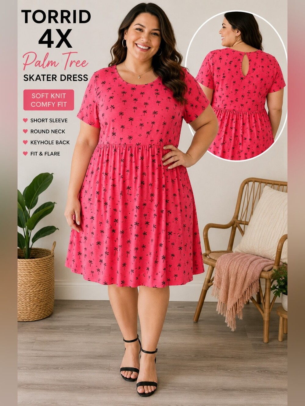 Torrid 4X Pink Black Palm Tree Skater Dress Soft Knit Keyhole Fit Flare